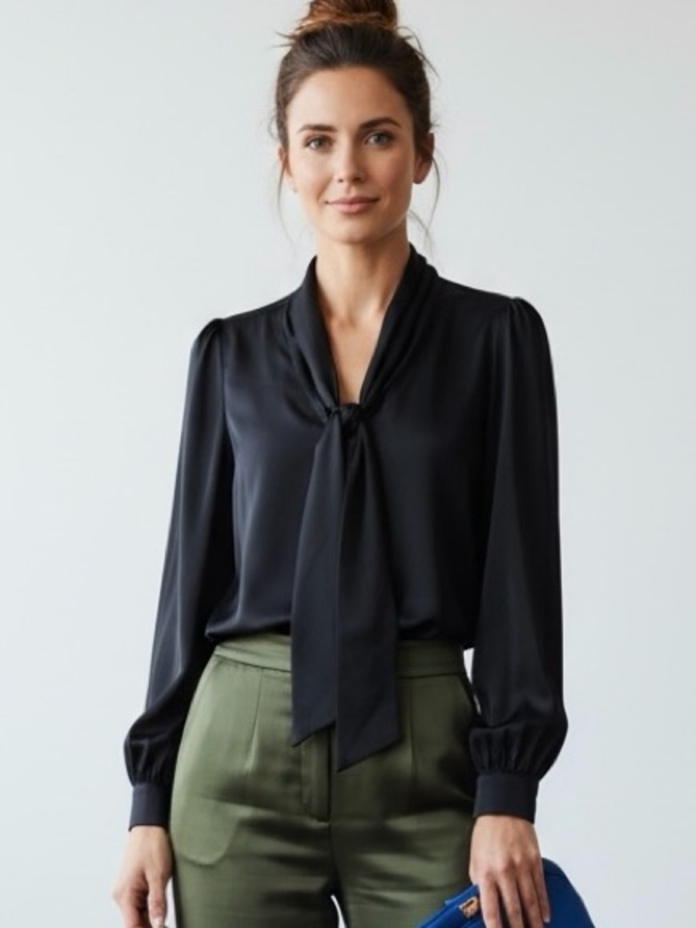 Bodhi Babe Black 100% Silk Bishop Sleeve Tie Neck Blouse Y2K Sz 6